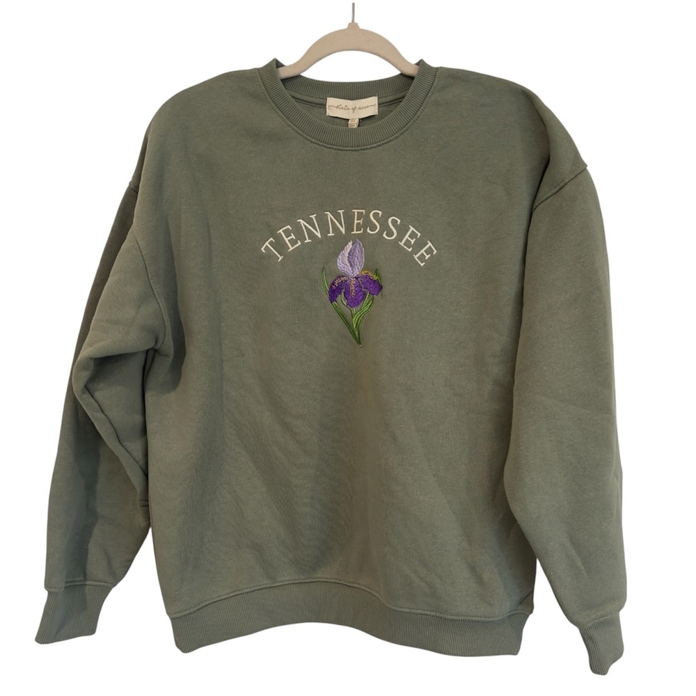 State of Mine Tennessee Embroidered Iris Sweatshirt Olive Green Womens XS New